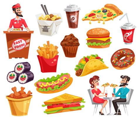 Fast Food Icons Set Cartoon Style Isolated Premium Vector