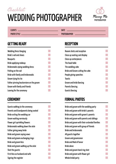 Free Marry Me Wedding Photographer Checklist Template