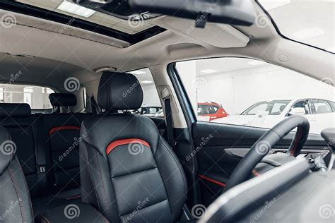Black Leather Car Interior Modern Car Illuminated Dashboard Stock