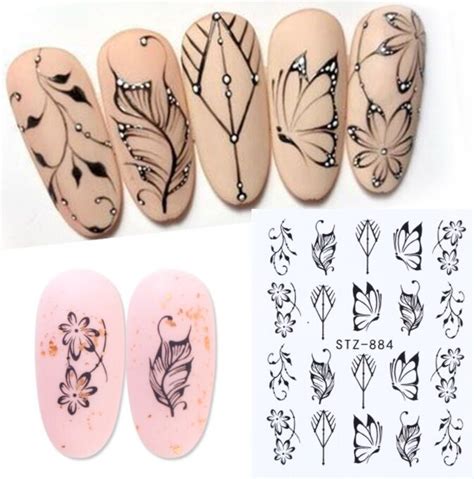 nail art water transfer stickers black flower floral butterfly etsy