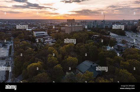 Sunset City Aerial View On Kharkiv City Shevchenko Park Derzhprom And