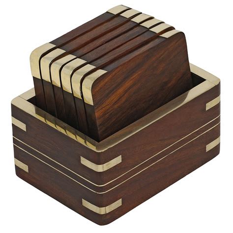Wooden Tea Coasters And Holder Set With Golden Brass Decoration Table