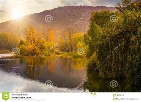 Landscape With Calm River In Autumn At Sunset Stock Image Image Of