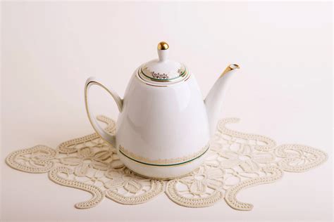 Vintage Porcelain Coffee Pot Teapot White Green And Gold Haute Juice