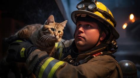 Premium Ai Image Firefighter Rescues Cat From Burning Building
