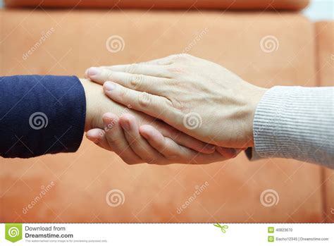 Man Hands Holding Woman Hand From Both Sides Compassion Stock Photo