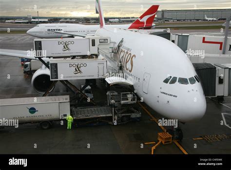 Emirates Airbus A380 Heathrow Airport Gate London Stock Photo Alamy