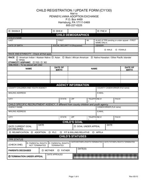 Cy130 Child Registration Update Form Pennsylvania
