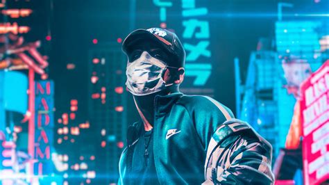 1600x900 Hat Face Covered Mask Neon City 4k 1600x900 Resolution Hd 4k