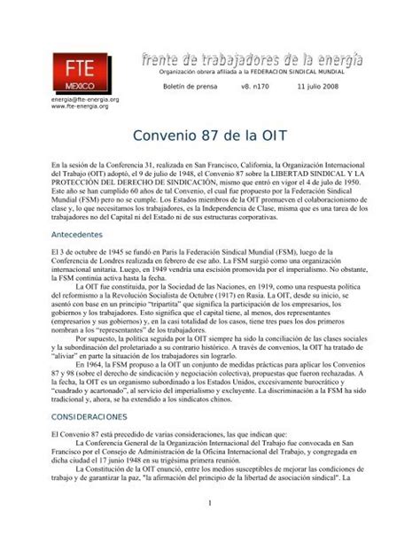 Convenio 87 De La Oit Frente De Trabajadores De La EnergÃ­a
