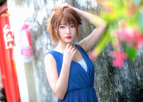 2048x1465 Girl Asian Woman Brunette Blue Dress Lipstick Model Wallpaper Coolwallpapersme