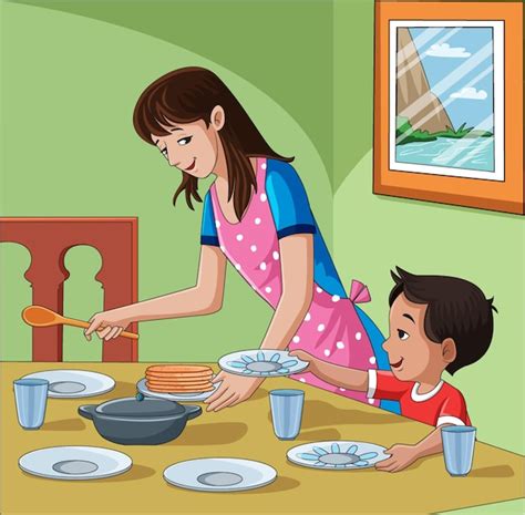 Premium Vector Mother Serving Food To The Child Vector Illustration