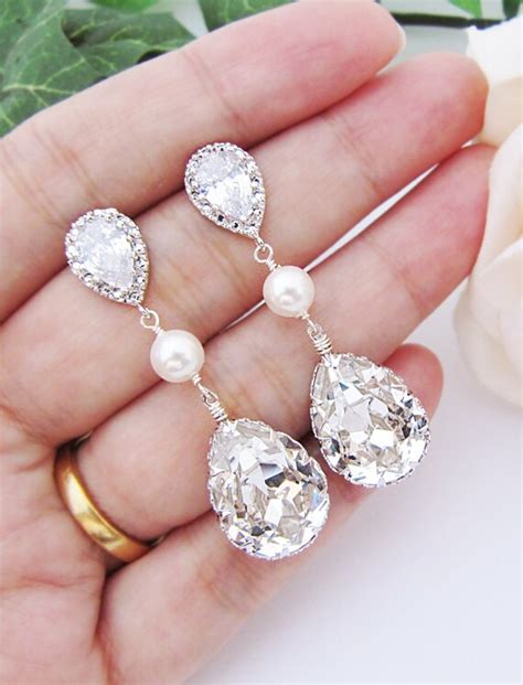 Bridal Earrings Swarovski Crystal With Pearl Drop Earrings Etsy