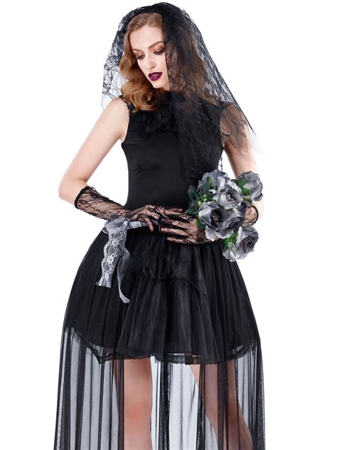 Halloween Ghost Bride Costumes For Women Black Lace Sexy Dress Headwear Polyester Holidays
