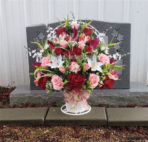 Burgundy And Pink Cemetery Basket Basket Flowers For Etsy Funeral Floral Arrangements