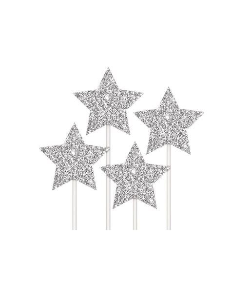 Silver Glitter Star Card Cake Toppers 4 Pack