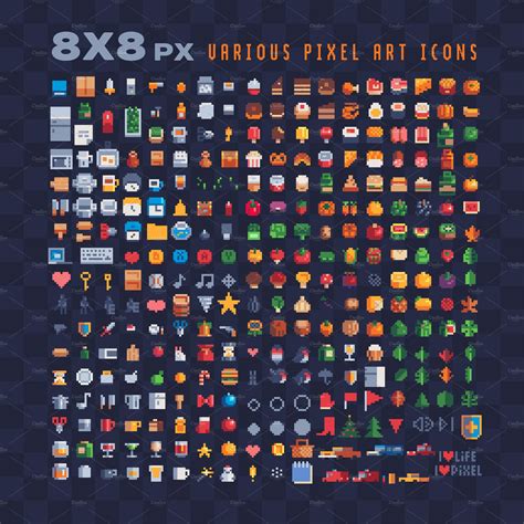 8x8px Various Pixel Art Icons Set Illustrator Graphics ~ Creative Market