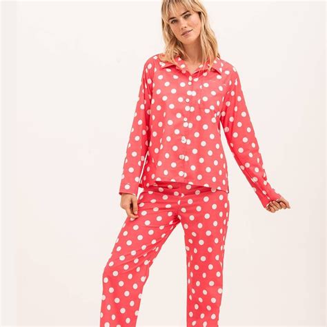 Women S Watermelon Red Cotton Polka Dot Pyjamas In Polka Dots