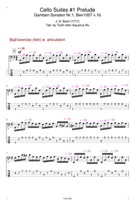 Cello Suites 1 Prelude J S Bach Bwv1007 For Bass Update Sheet Music For Contrabass Bass
