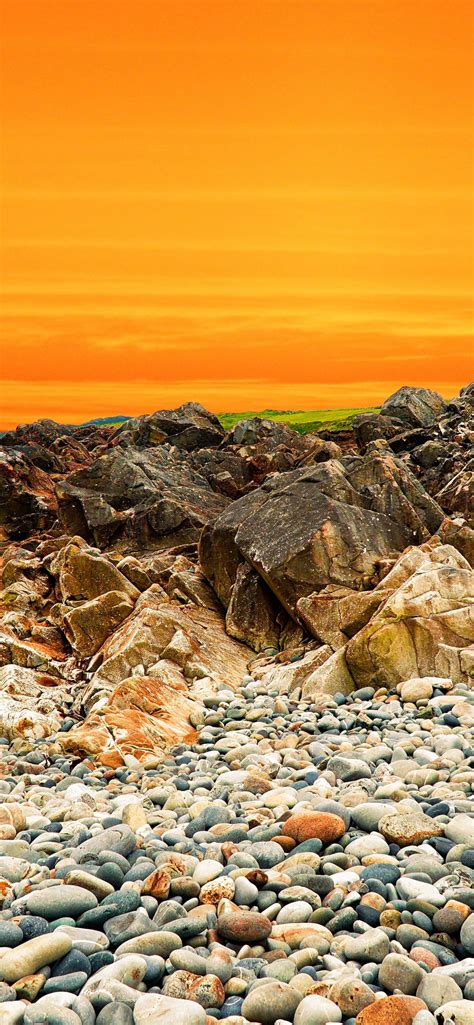 Landscape 4k Wallpaper Orange Sky Rocks Pebbles Sunset Ocean
