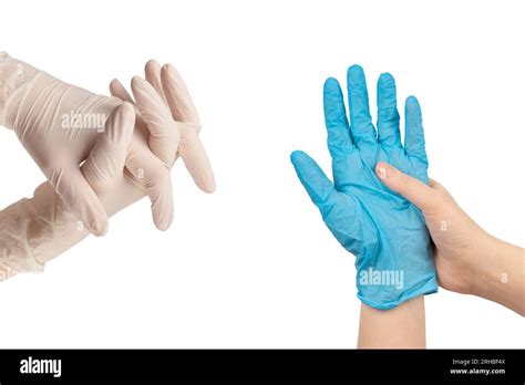 Woman Puts On Blue Rubber Gloves Isolated On White Stock Photo Alamy