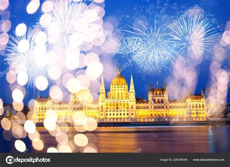 Fireworks Hungarian Parliament New Year Destination Budapest Stock