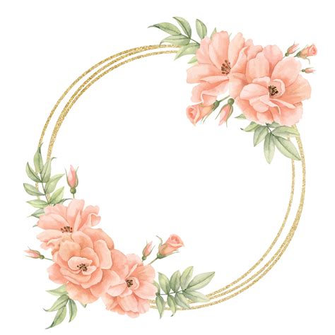 Floral Watercolor Wrath With Pink Rose Flowers And Golden Circular