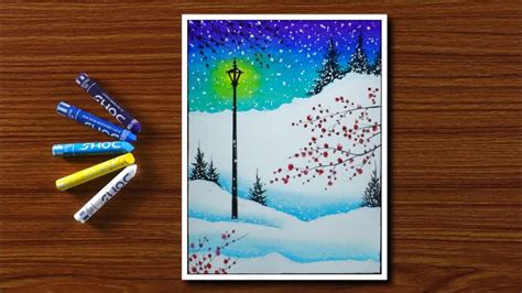 Easy Winter Season Scenery Drawing For Beginners With Oil Pastels