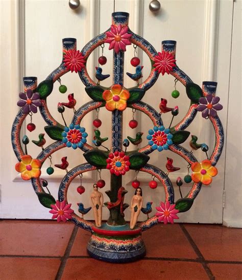 Alfonso Castillo Orta Signed Tree Of Life Candelabra Mexican Folk Art