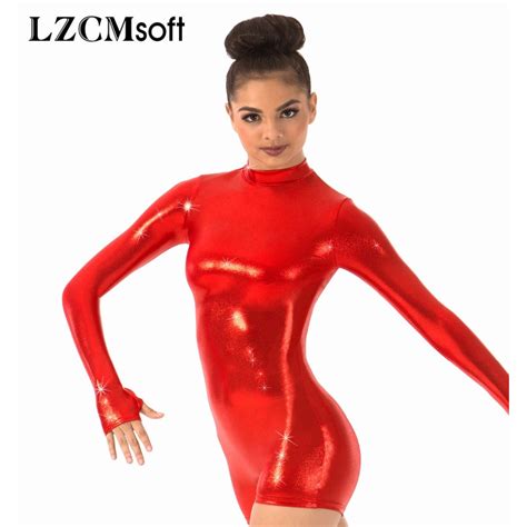 Lzcmsoft Shiny Metallic Long Sleeve Biketards One Piece Wet Look Bodysuits Mock Neck Women