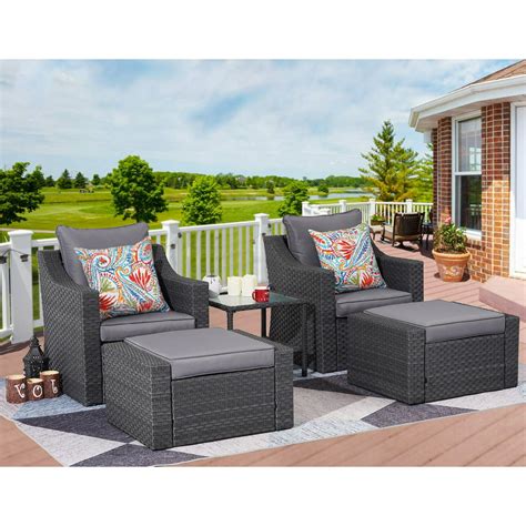 5 Piece Outdoor Patio Furniture Set With Ottomans And Side Table All