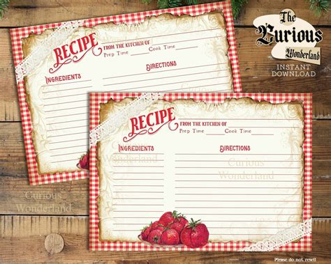 Farmhouse Style Strawberry Recipe Cards Gingham Printable Etsy