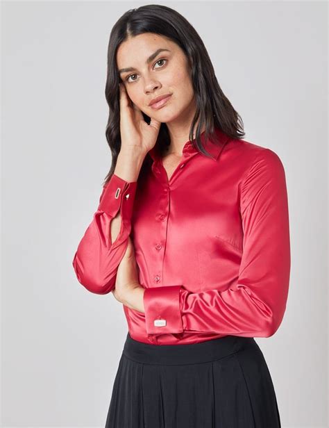 Women S Red Fitted Satin Shirt French Cuff In 2021 Satin Shirt Outfits With Leggings Silk