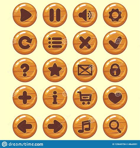 Gui Wooden Round Buttons Set Game Menu Icons Stock Vector