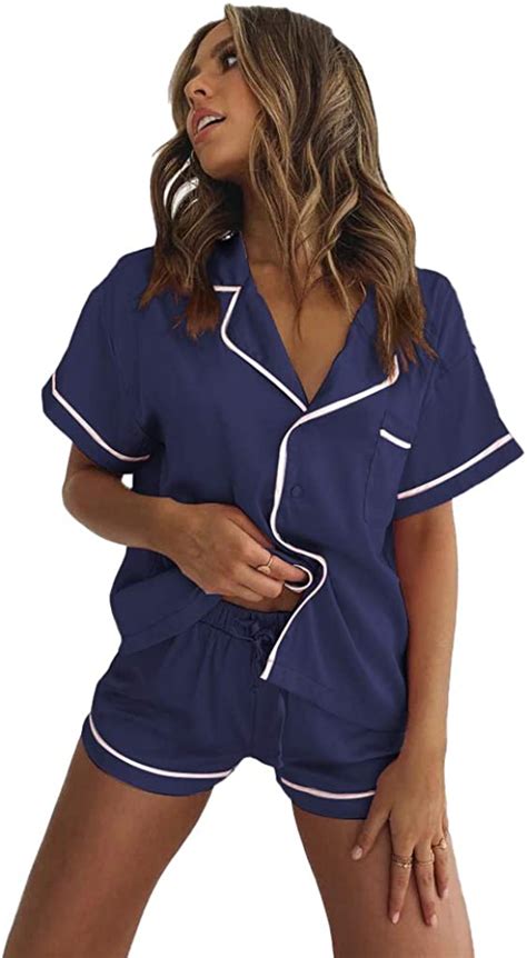 Affuhua Damen Schlafanzug Pyjama Set Sexy Hausanzug Satin Kurz Hose Set Träger Sleepshirt Und