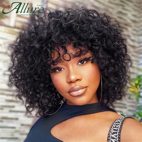Natural Jerry Curly Wig With Bangs Human Hair Wigs Black Women Short Colored Burgundy Brown
