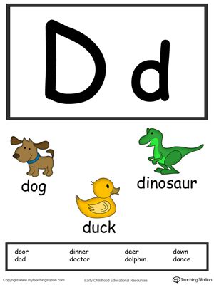 D · dachshund · dad · daffodil · daisy · dalmatian · dance · dandelion · danger Letter D Alphabet Flash Cards for Preschoolers | MyTeachingStation.com