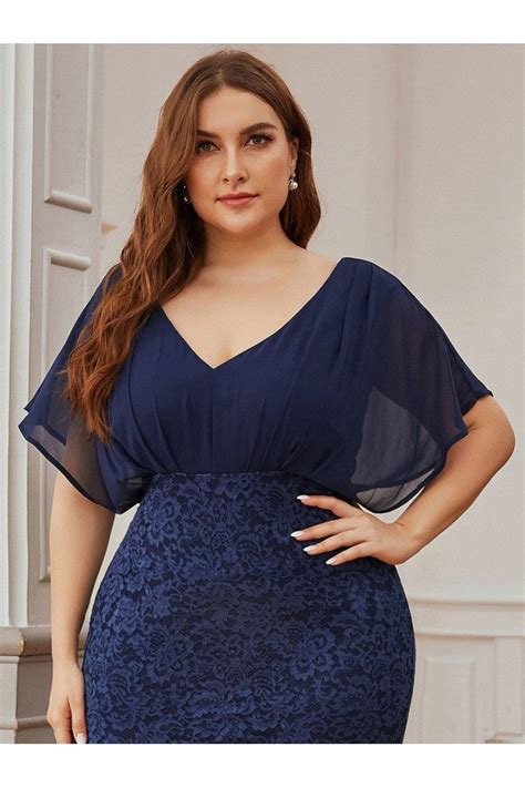 Navy Blue Plus Size Vneck Lace Evening Dress Classy With Puffy Sleeves 59 48 Ep00578nb16