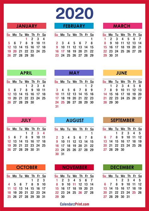 Free printable calendars offer greater flexibility while scheduling your most important and regular tasks. 2020 Calendar with Holidays, Printable Free, Colorful, Red ...