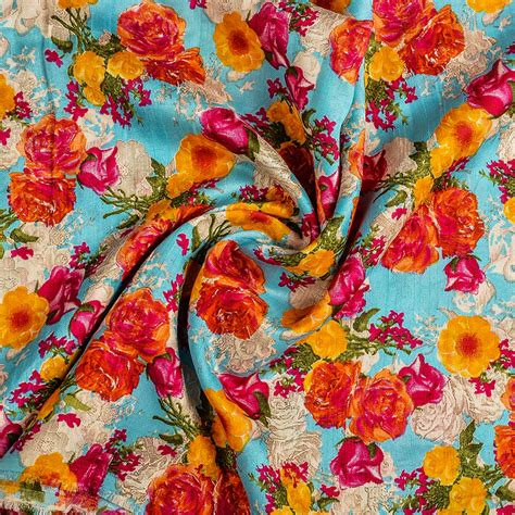 Buy Blue Yellow And Pink Flower Banglori Silk Fabric 37014