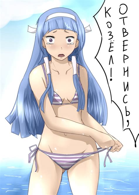 Huyase Nagi Kannagi Translated 00s 1girl Bikini Blue Hair Blunt Bangs Breasts Cyrillic