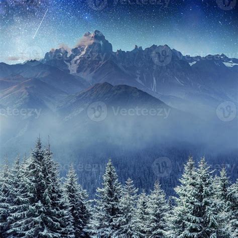 Starry Sky In Winter Snowy Night Carpathians Ukraine Europe 6466375