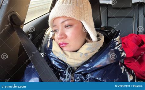 Sad Thoughtful Girl Wearing Warm Clothes Sleeping In Automobile In Winter Tired Woman On A Long