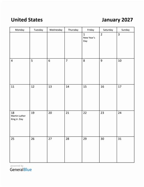 Free Printable January 2027 Calendar For United States