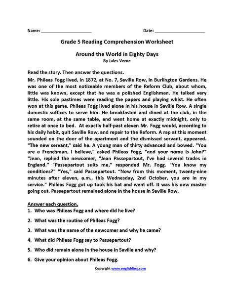 Reading Comprehension Worksheets For Grade 5