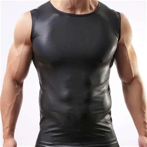 Faux Leather Sexy Tank Tops Men Tanktop Summer Vest O Neck Sleeveless