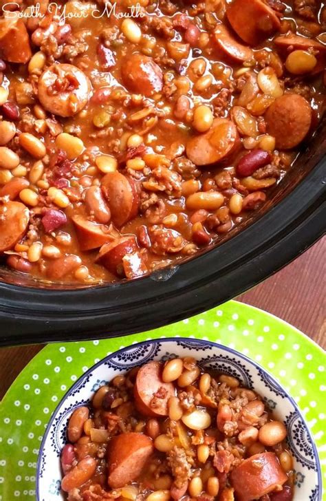 Three Meat Crock Pot Cowboy Beans Bbq Beans With Smoked