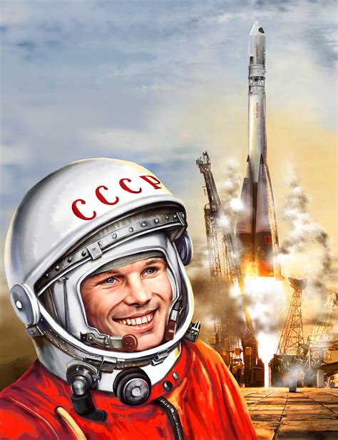 Photo Yuri Gagarin Cosmonauts Helmet Smile Rocket Ussr Space