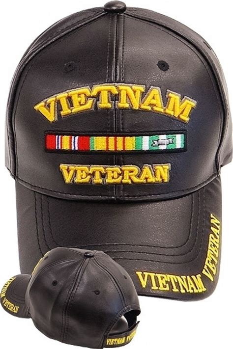 Vietnam Veteran Ribbons Vinyl Leather Mens Cap Black Adjustable In