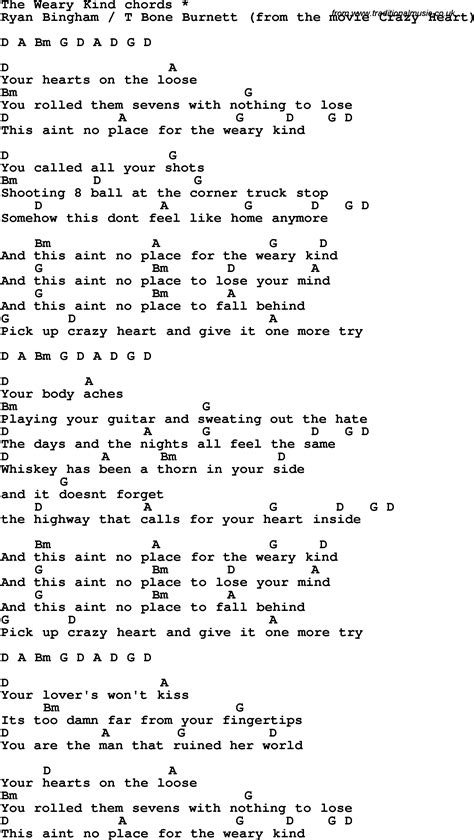 Song Lyrics With Guitar Chords For The Weary Kind Ryan Bingham
